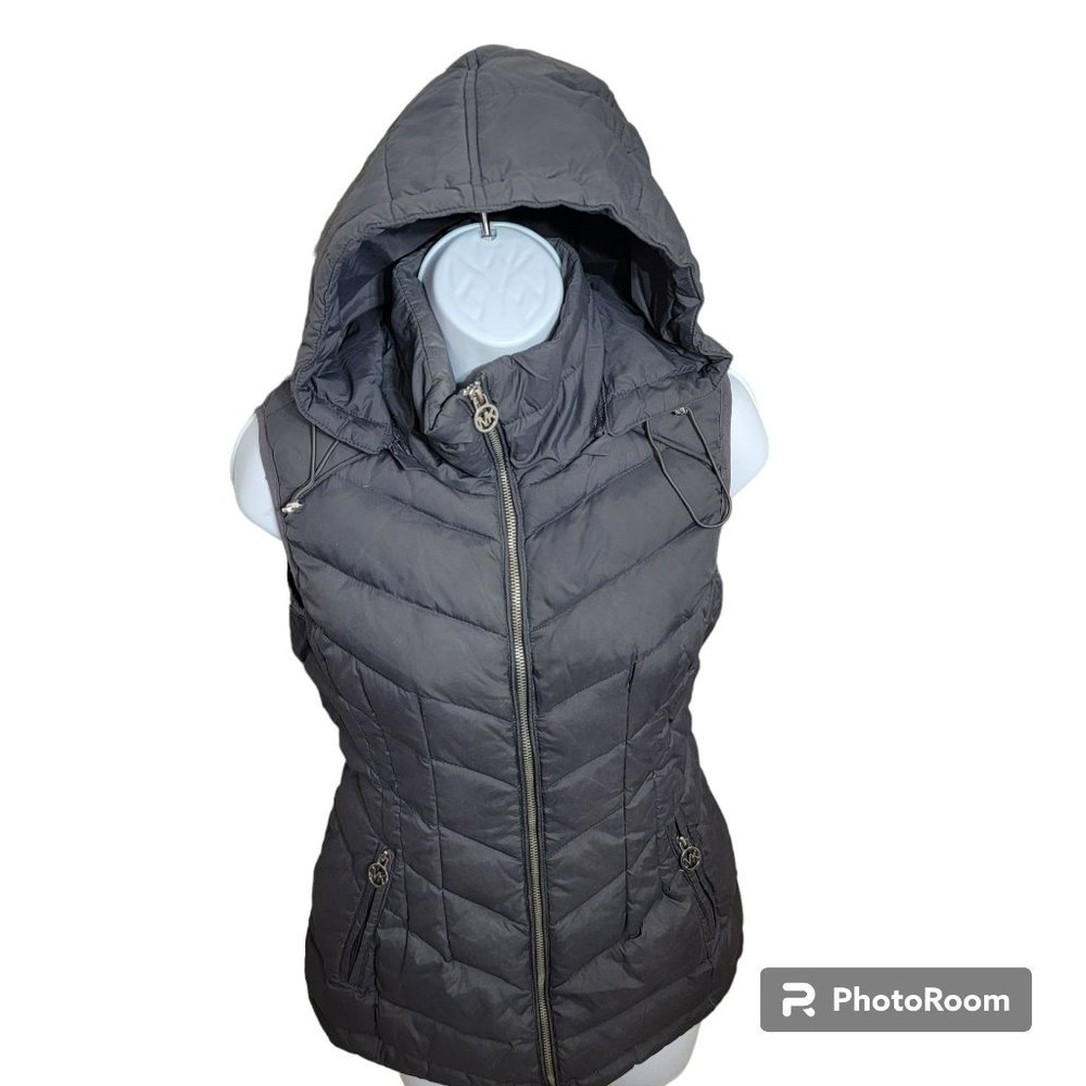 Michael Kors Down Vest, Women S, Black Quilted Down Vest, Detachable Hood EUC